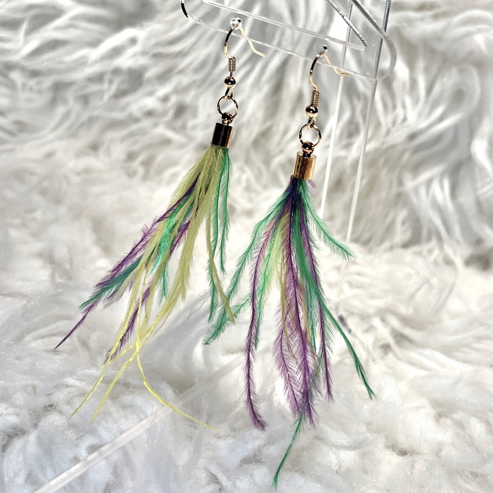 Mardi Gras Feather Dangle Earrings